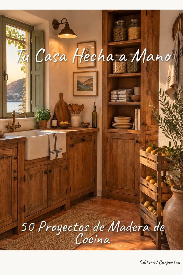 Portada Cocina: muebles bajos de madera, fregadero de cerámica y alacena