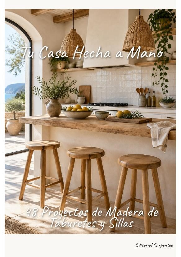 Portada Taburetes y Sillas: tres taburetes altos de madera en una barra de cocina