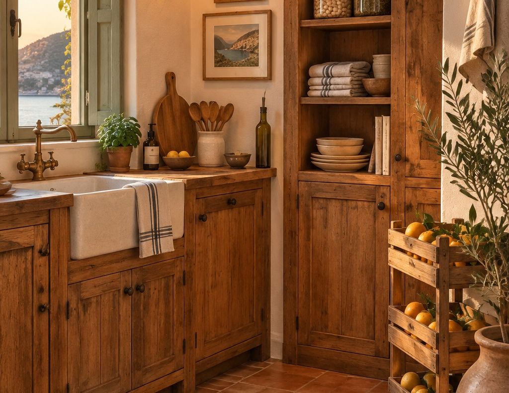 Cocina de madera con fregadero de cerámica y alacena alta