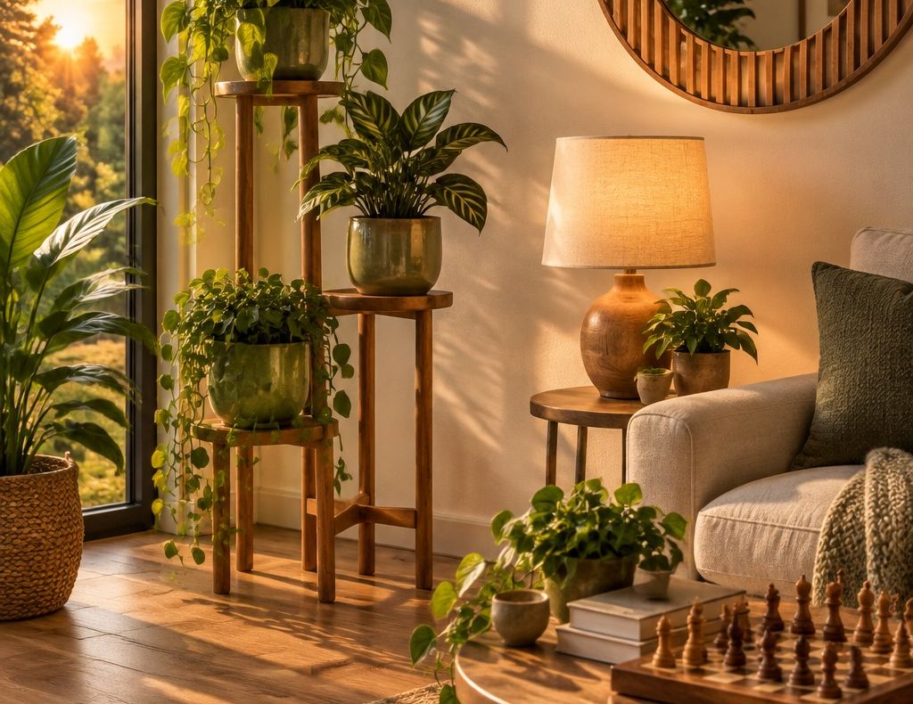Rincón con espejo redondo de madera, plantas y mesita