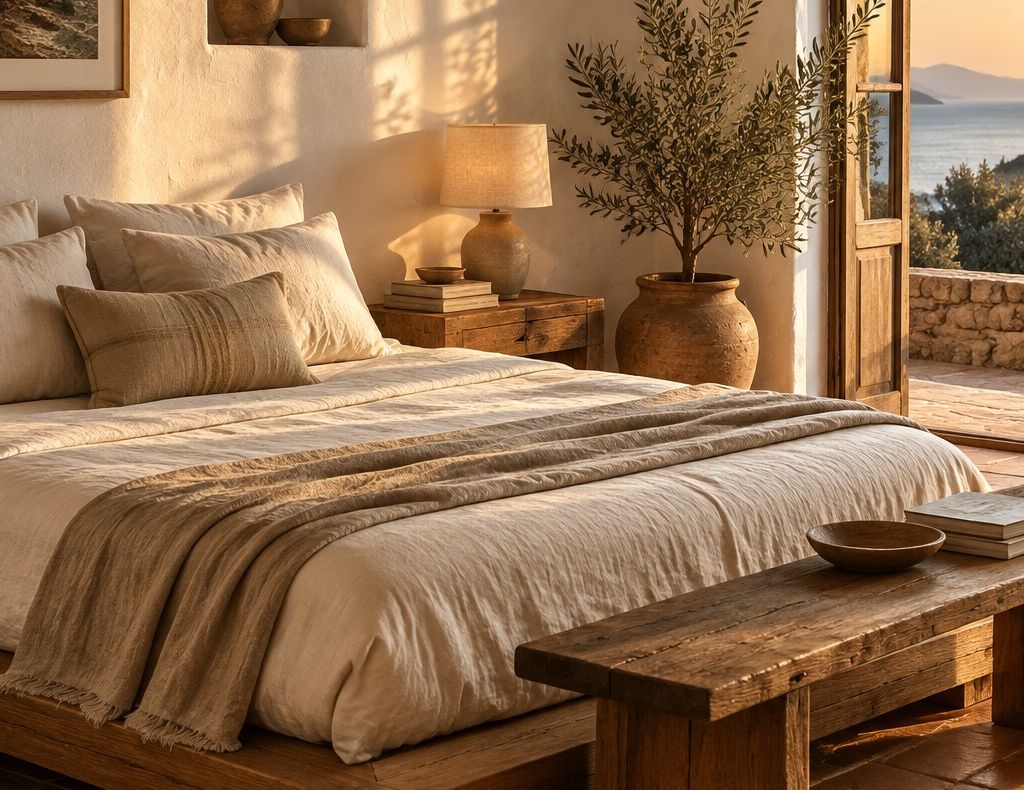 Dormitorio con cama, banco a los pies y mesilla de madera