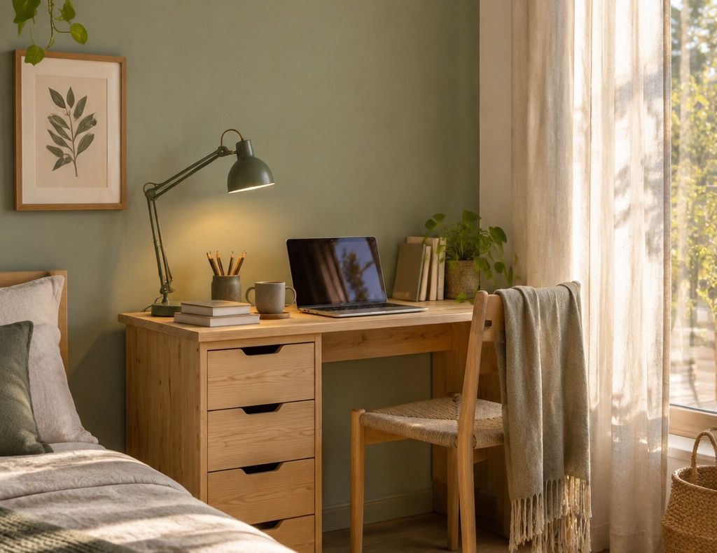 Escritorio de madera con cajonera junto a una ventana