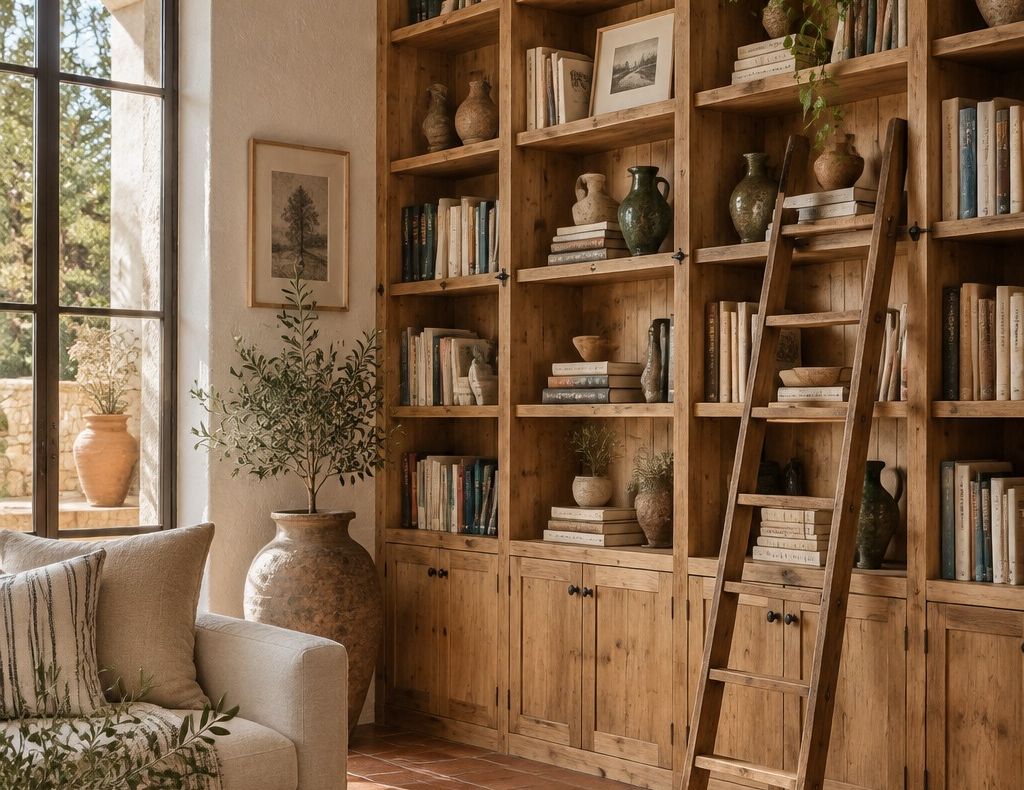 Librería de madera de pared a techo con escalera, junto a un ventanal