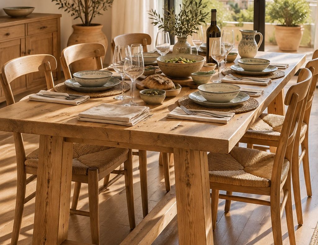 Mesa de comedor de madera maciza con sillas de anea, puesta para comer