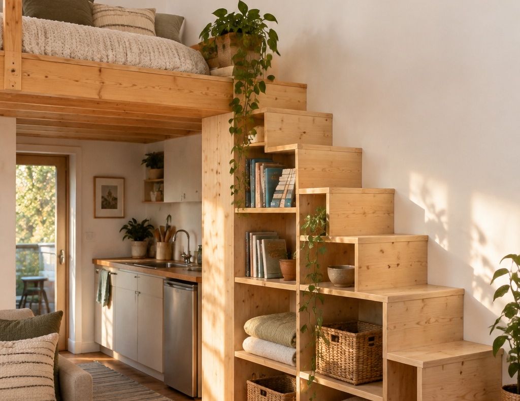 Cama alta con escalera-cajonera de madera