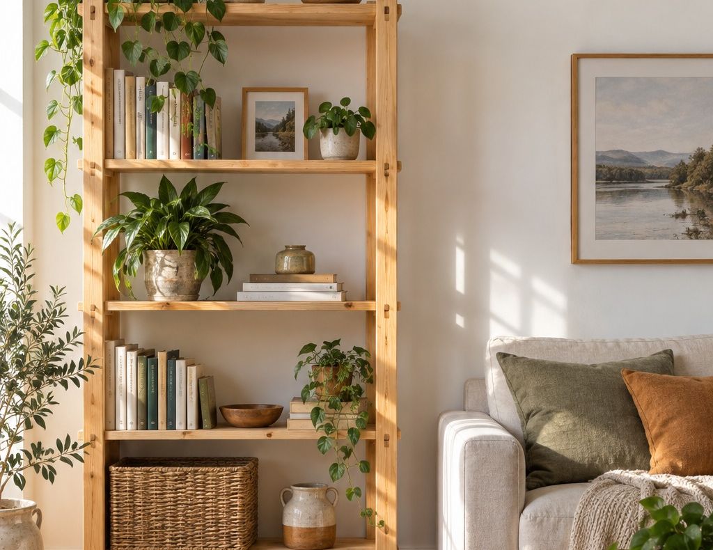 Salón con estantería de madera, plantas y sofá